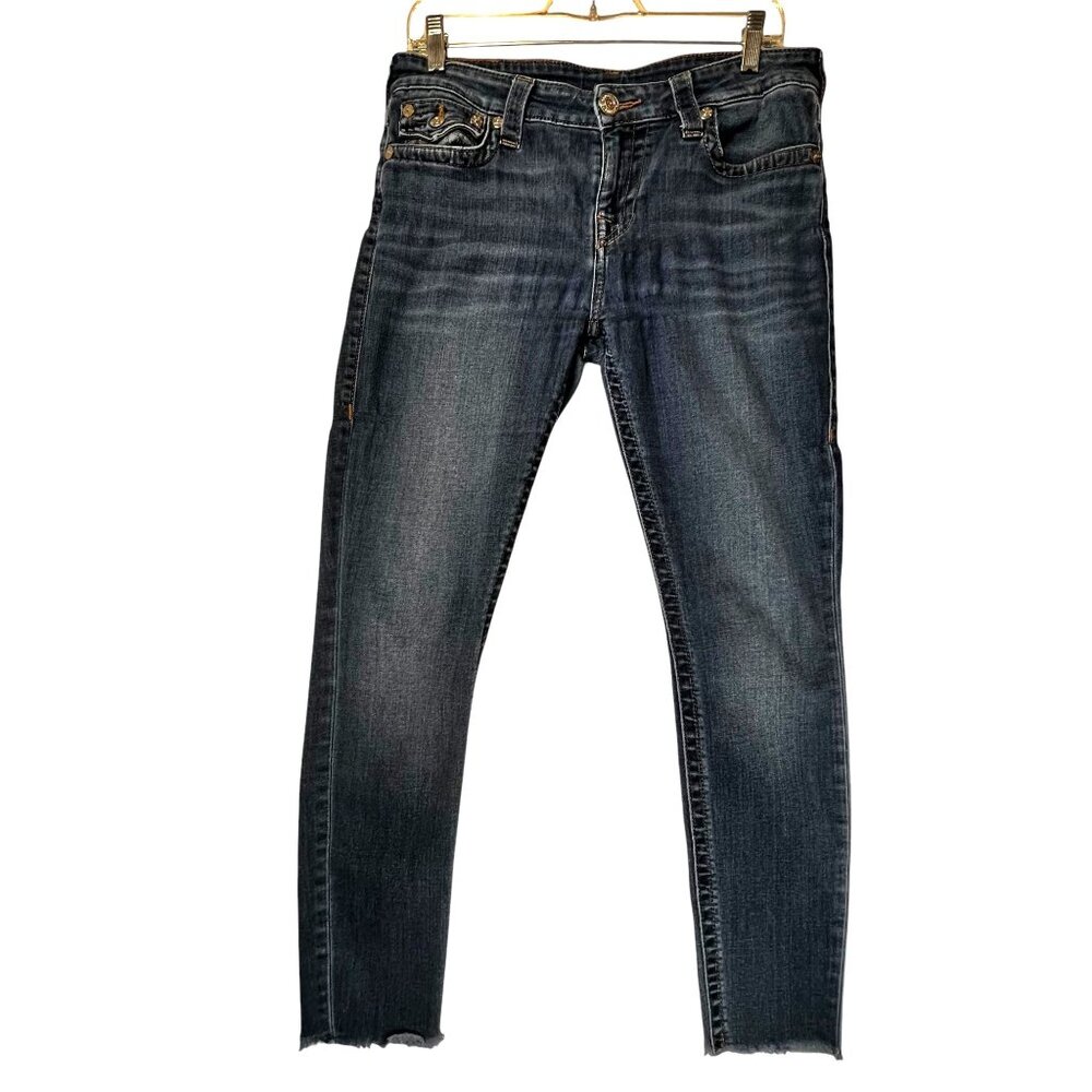 True Religion Distressed Skinny  Blue Jeans Flap Pockets Frayed Raw Hem Sz 30 - Picture 5 of 16